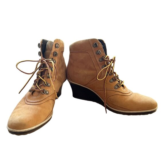 Timberland Size 8.5 M Tan Leather Lace-Up Wedge Heel Ankle Bootie Boots Shoes - Picture 1 of 16